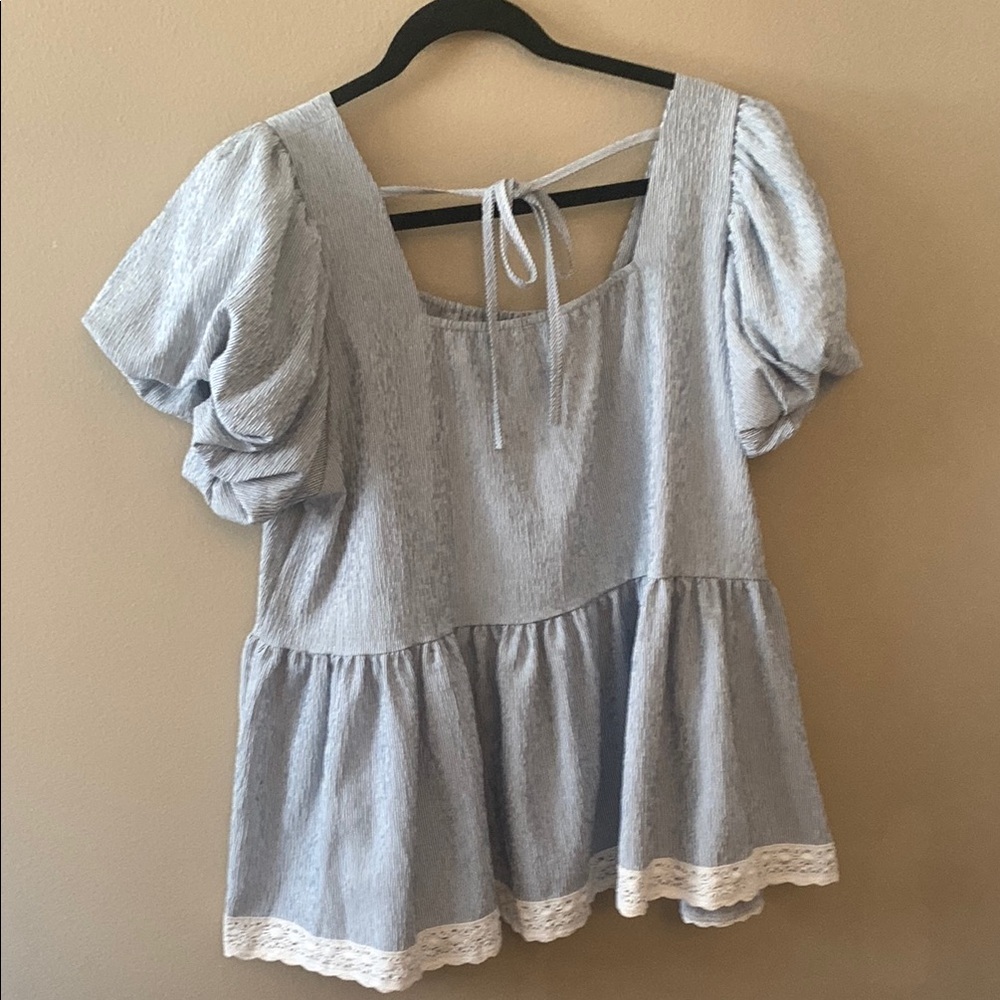 POL Blue Puff Sleeve Blouse with Ruffled Tie Front - Picture 3 of 3